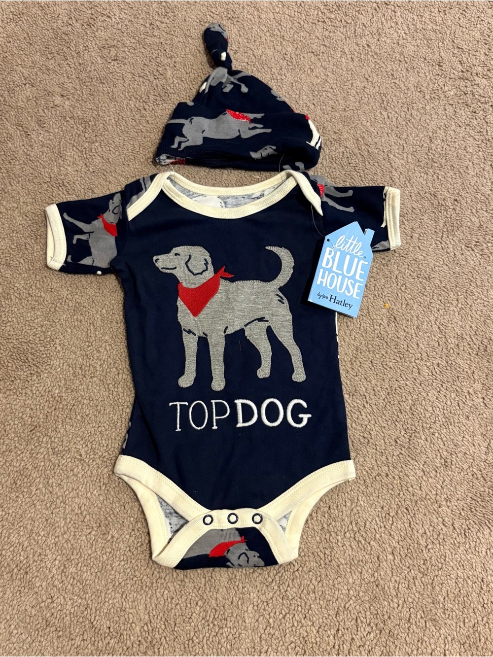 Hatley Navy Baby Onesie Hat set, “Top Dog”, with grey dog graphic, 3-6M